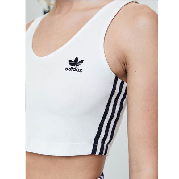 NWOT adidas White Cropped Tank Top with Signature Black 3-Stripes Women’s Size S - Picture 5 of 6